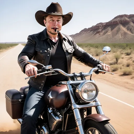 Prompt: Elon Musk as a Texas cowboy riding on a motorcycle.