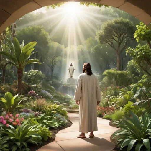 Prompt: Jesus standing in the future Garden of Eden