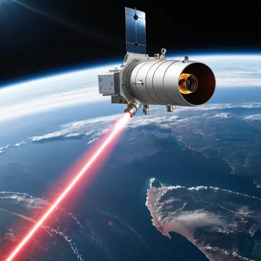 Prompt: a space satellite laser weapon pointed above earth.