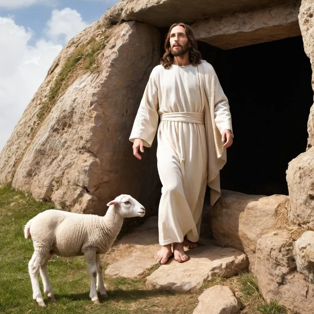 Prompt: Jesus Christ resurrected coming out of the tomb with a lamb looking up at him.