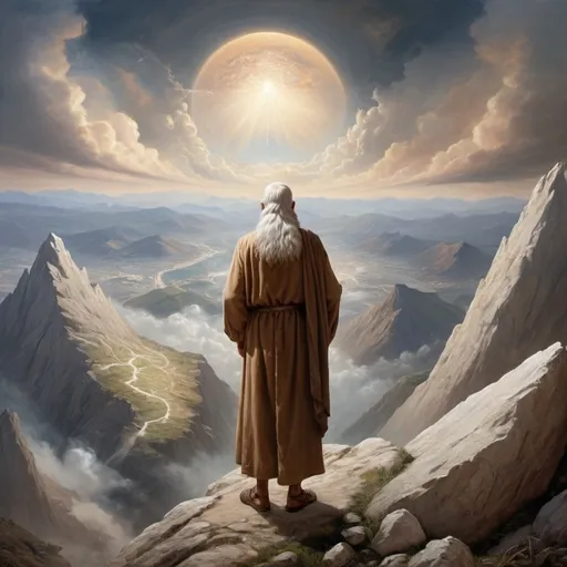 Prompt: Realistic Enoch on a mountain overlooking a vision of the coming judgment of the earth.