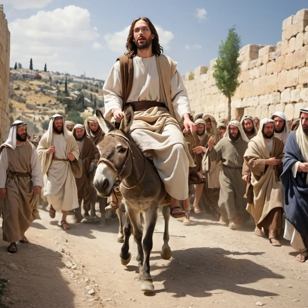 Prompt: Jesus entering Jerusalem on the back of a donkey