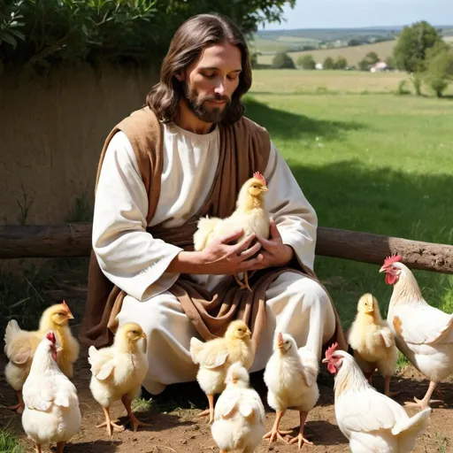 Prompt: Jesus and the hen and her little chicks