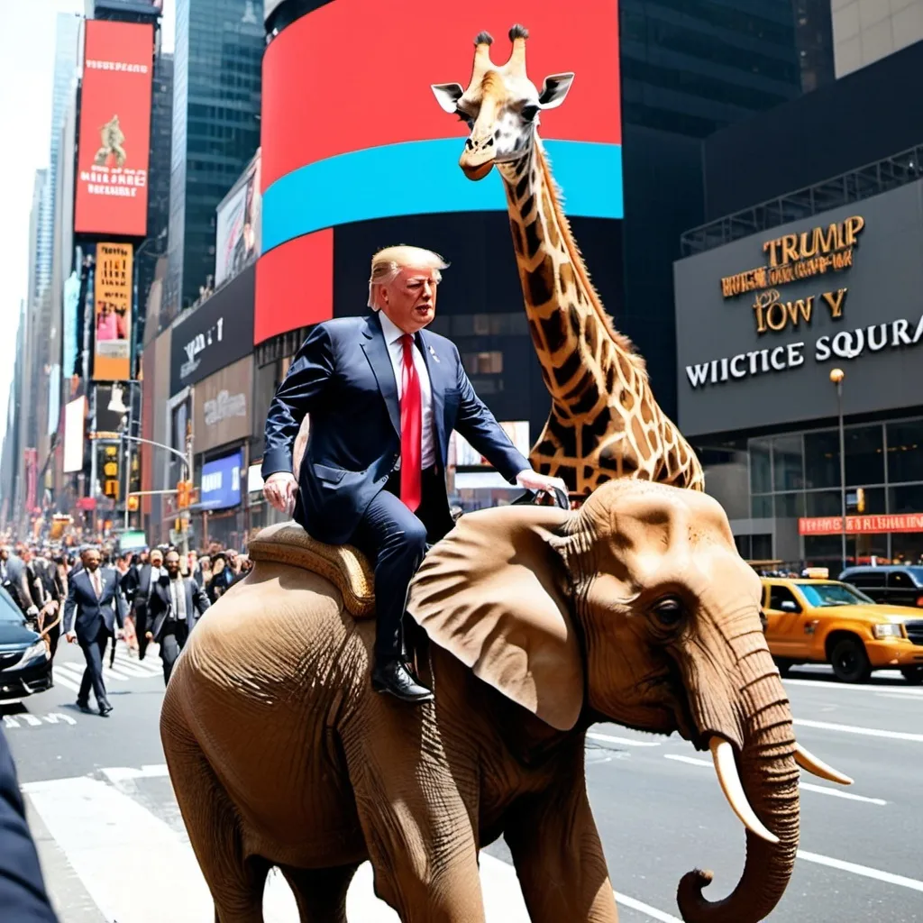 Prompt: President Donald Trump riding on the back of an elephant followed by a giraffe on the street of Time Square.