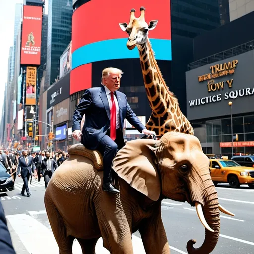 Prompt: President Donald Trump riding on the back of an elephant followed by a giraffe on the street of Time Square.