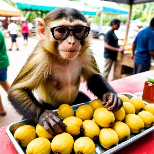 Prompt: Capuchin monkey wearing sunglasses selling paw paws and honey at a market.