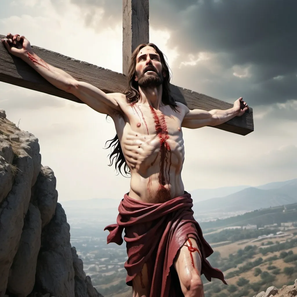 Prompt: Realistic Jesus Christ bleeding carrying the crossbeam on his shoulders up the hill of Golgotha.