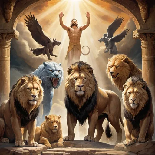 Prompt: Daniel vision of the four beasts