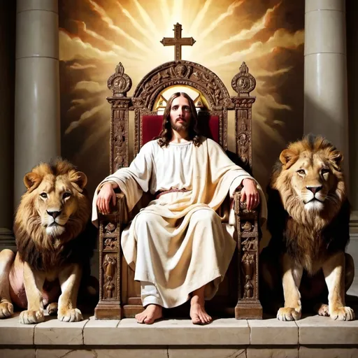 Prompt: Jesus on the throne between two lions