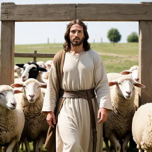 Prompt: Jesus Christ at the sheep gate with a crossbeam on his shoulders