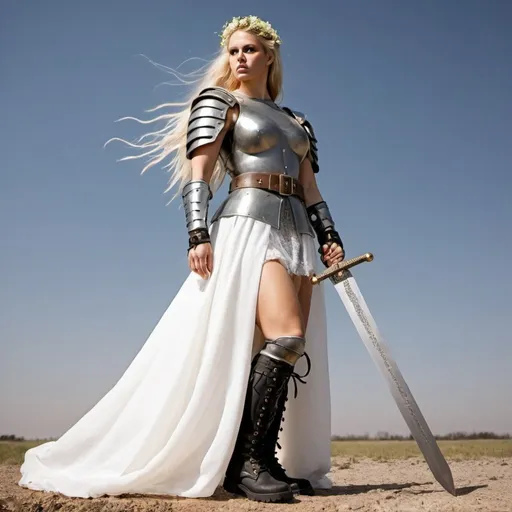 Prompt: the warrior bride of Christ holding a sword and wearing army combat boots