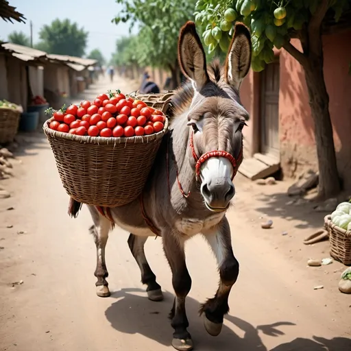 Prompt: Realistic  donkey carrying tomatoes in baskets on its back to market.