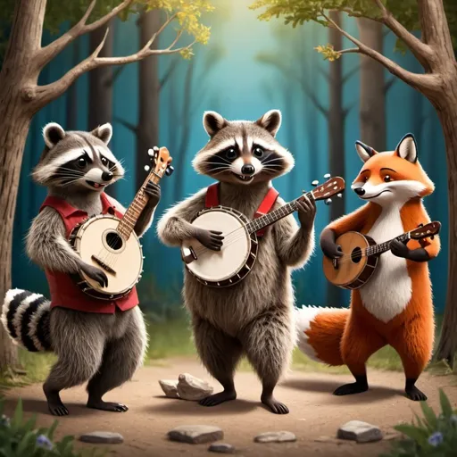Prompt: raccoon playing a banjo, bear playing a fiddle, and fox dancing