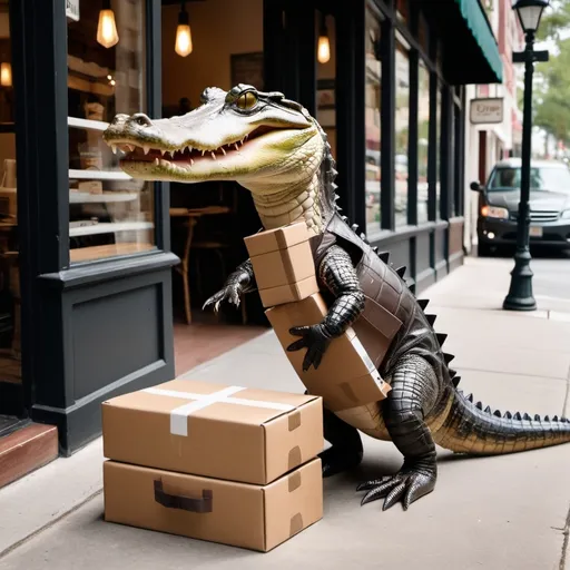 Prompt: alligator delivering UPS packages at a cafe