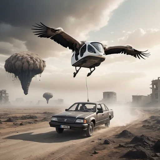 Prompt: flying car in an apocalyptic landscape with an ostrich running