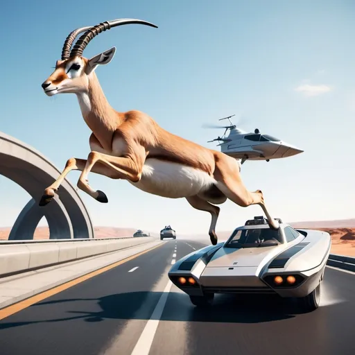 Prompt: Realistic gazelle jumping over a hovercraft on a futuristic highway.