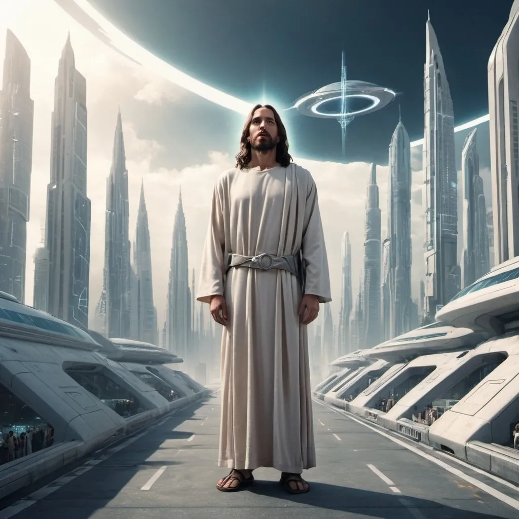 Prompt: Jesus standing in a futuristic city