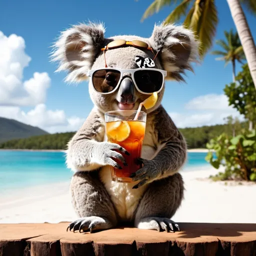 Prompt: Koala in sunglasses drinking iced tea in an island paradise