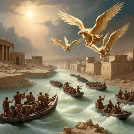 Prompt: four fallen angels Euphrates river leading a great army 