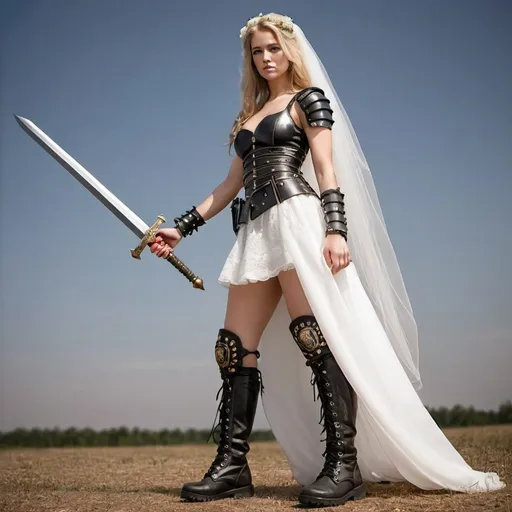 Prompt: the warrior bride of Christ holding a sword and wearing army combat boots