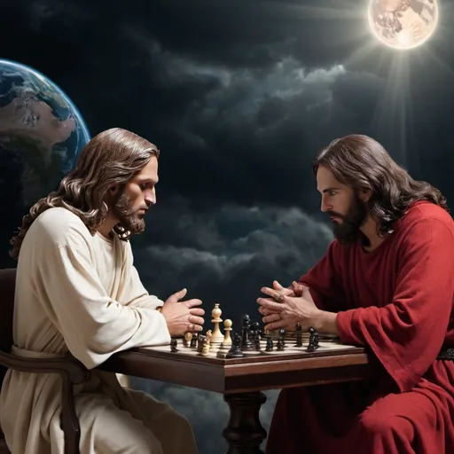 Prompt: Jesus Christ and Satan sitting at a chess table deciding the fate of earth.