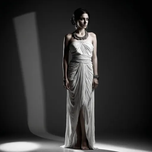 Prompt: Photo shoot of a Greek woman, hard contrast, black and white, full body, Greek style, hard light, detailed dress, jewelry, professional, high fashion, dramatic shadows, elegant, ancient Greek, monochrome, high quality, highres, detailed, professional lighting, upfront