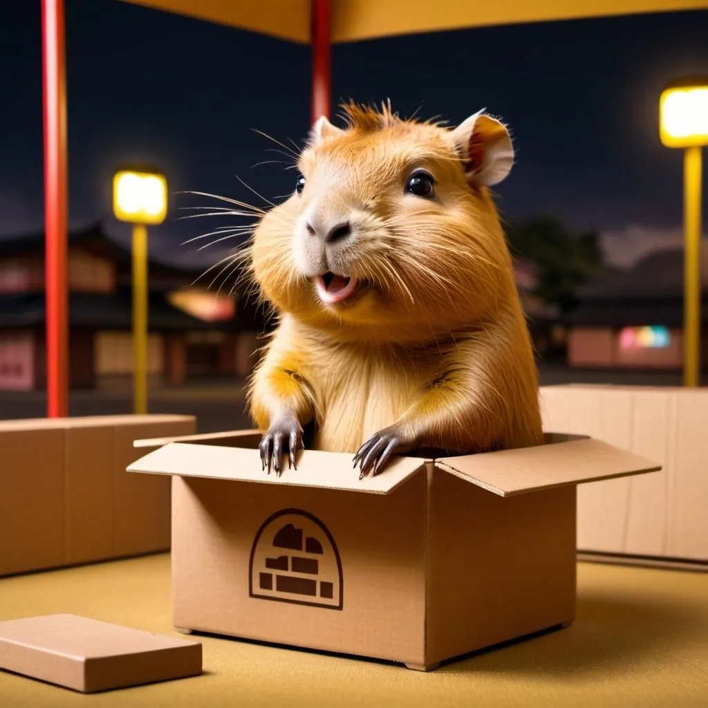 Prompt: a cute fictional capybara in a box by the  
 rode background taipie city rode with people