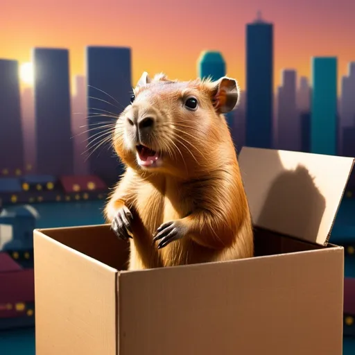Prompt: a cute fictional capybara in a box by the  
 rode background a big city