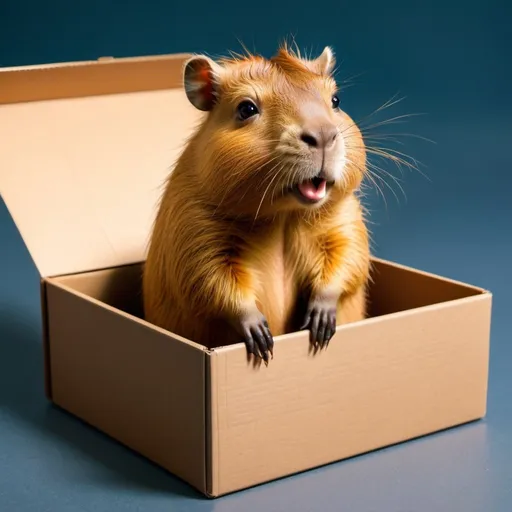Prompt: a cute fictional capybara in a box