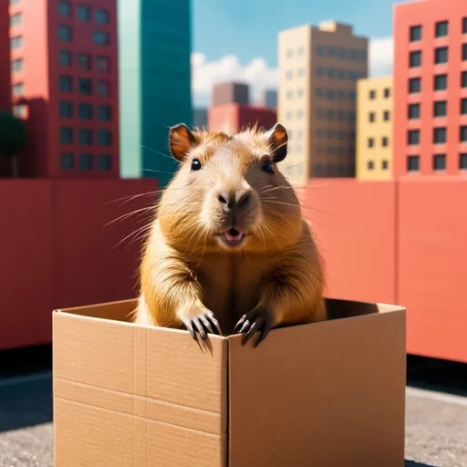 Prompt: a cute fictional capybara in a box by the  
 rode background city