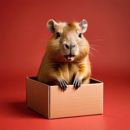 Prompt: a cute fictional capybara in a box by the  
 rode background rode