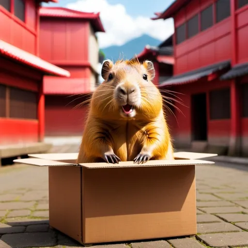 Prompt: a cute fictional capybara in a box by the  
 rode background taipie city rode