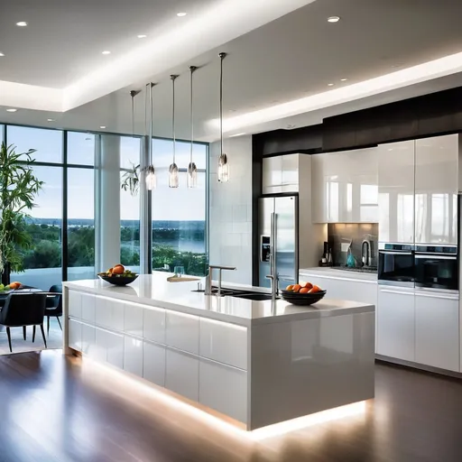 Prompt: Contemporary gourmet kitchen with high-gloss cabinets, waterfall island, and designer pendant lighting.