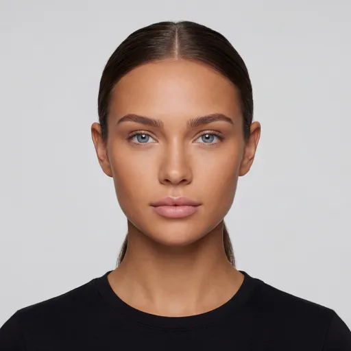 Prompt: Photorealistic beauty-editorial studio portrait of a young woman facing the camera directly. She has tan, evenly toned skin, light blue eyes, full natural pink lips, and neatly shaped, symmetrical eyebrows. Facial proportions are balanced and refined, with realistic skin texture and natural depth.

Her dark brown hair is parted cleanly down the center and pulled straight back into a tight, sleek ponytail with no loose strands. Both eyes, ears, and the full head are clearly visible. Expression is neutral and composed.

She is wearing a simple black top . The background is a plain light gray studio backdrop. Lighting is soft, even, and frontal, with controlled highlights and no harsh shadows, creating a clean, high-end beauty editorial look.

Minimalist, contemporary, professional beauty portrait. The face is centered and fills most of the frame. Maintain identical facial structure, proportions, eye alignment, and identity across all generations. Do not alter identity