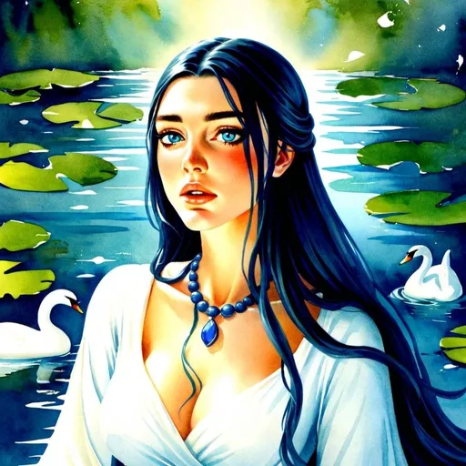 Prompt: A beautiful greek naiad with long dark hair with a slight bluish tinge that has a wet sheen to it. Her eyes are a deep watery blue and she is possessed of a powerful beauty. She has a prominent bustline. She is wearing a white dress with a white shawl over her shoulders and head. Her ears have fine tapering points though which unless covered lend her an otherworldly air. She is lounging by a natural pool of water with lilies and swans in it. watercolor. 