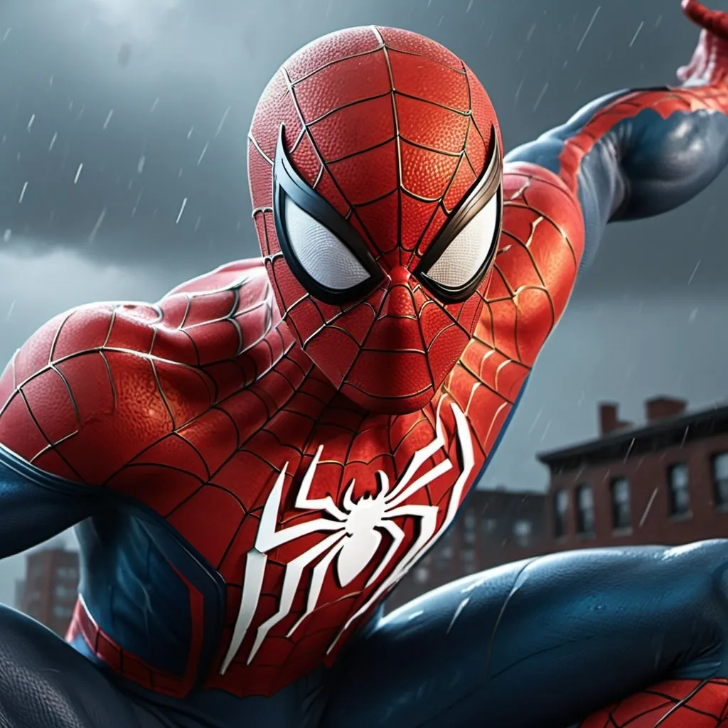 Prompt: Witness the ultimate of spider man, DnD, with intricate details on its face and body. The battle cry echoes through the stormy night, with thunder and rain adding to the intensity of this 4k resolution image