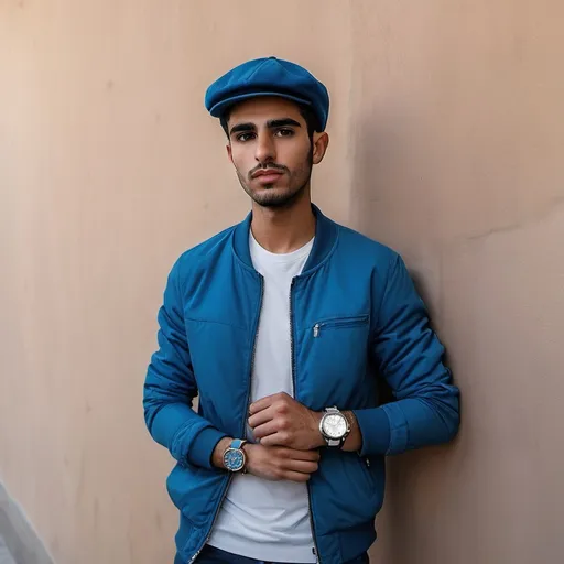 Prompt: a man in a blue jacket and hat standing next to a wall with a watch on his wrist and a watch on his left hand, Fathi Hassan, aestheticism, handsome, a picture