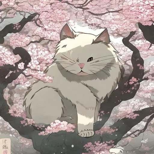Prompt: a giant cat under a Japanese cherry blossom tree studio ghibli style

