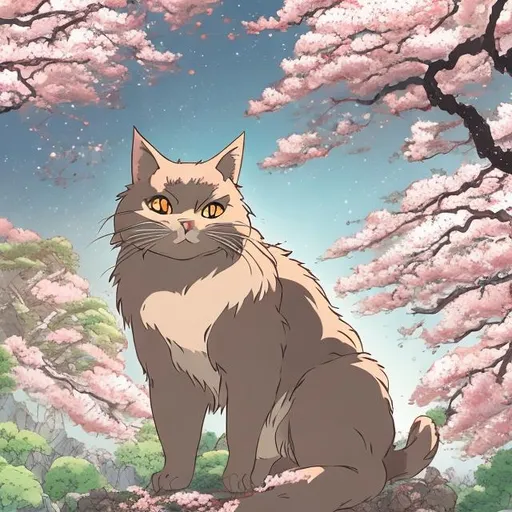 Prompt: a giant cat under a Japanese cherry blossom tree studio ghibli style

