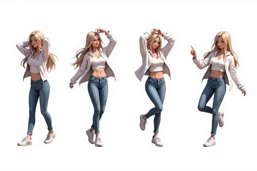 Prompt: semi-realistic anime young woman 287caa04 with long blonde hair, white hooded jacket, white crop top, blue jeans, white sneakers Multiple instances of the same character in different poses on a white background. The character is shown: Dancing: mid-dance move, arms and legs in rhythmic motion, joyful expression. Making a heart shape: hands forming a heart shape in front of the chest, warm smile. Kicking: one leg extended in a kicking motion, arms for balance, determined look. Walking: mid-stride, one foot in front of the other, natural arm swing, casual pose. Background: Clean white background, providing a pristine backdrop. Ample space between poses. Character design consistent across all poses. Arrange poses in a visually pleasing composition across the image.