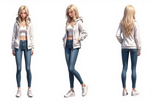 Prompt: A full-body character sheet of semi-realistic anime young woman 287caa04 with long blonde hair, white hooded jacket, white crop top, blue jeans, white sneakers displayed in three clear views on a clean white background, arranged in a three-column grid pattern with equal spacing and importance. Left panel: front view showing complete anatomical details and outfit. Center panel: perfect 90-degree side view (profile) clearly showing the character's side silhouette, facial profile, and outfit from a direct lateral perspective. Right panel: back view revealing posterior details Each view maintains consistent scale, lighting, and full-body presentation from head to toe. All three perspectives must be equally detailed and given equal prominence in the composition.