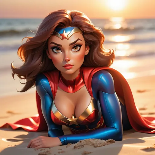 Prompt: A gorgeous lady Superhero, laying on a beach, sunset lighting, photorealistic, perfect face, wide angle