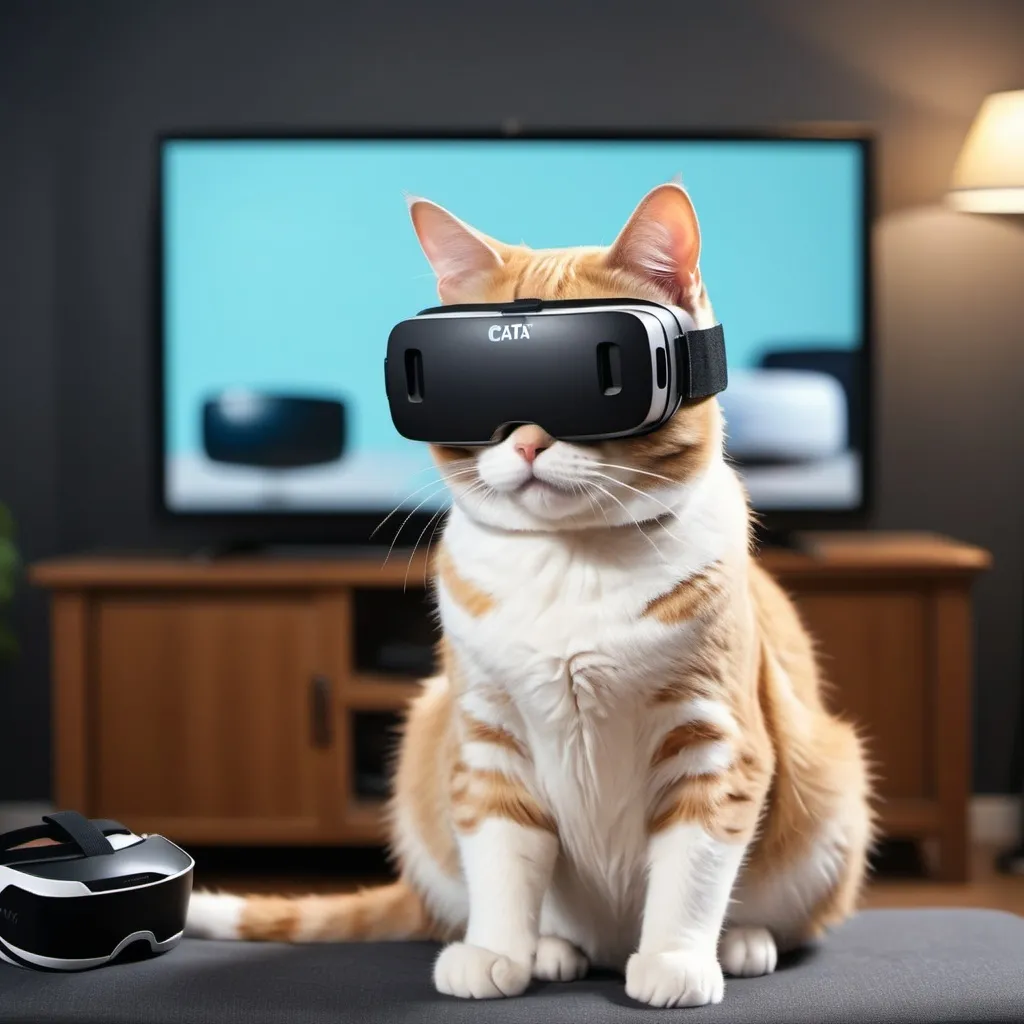 Prompt: a cat wear a VR headset, and behind have a Big TV monitor, in 3d style