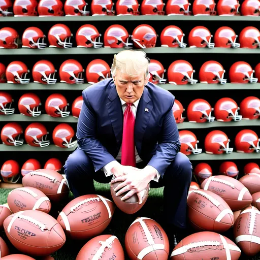Prompt: president trump wearing a football helmet sitting on a pile of footballs 

