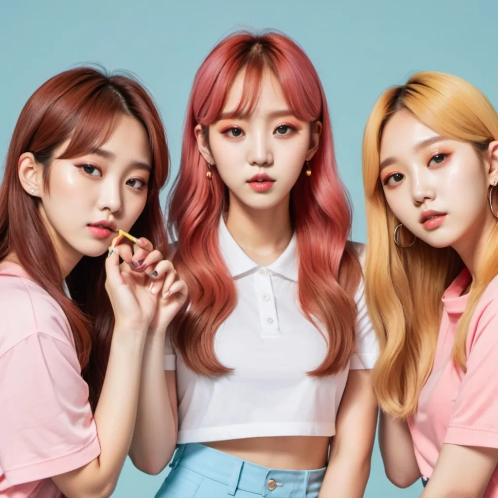 Prompt: Four korean woman. Two with brown hair, one with red hair, and one with blonde hair. They're preparing for their K-pop debut with the genre of bubblegum pop.