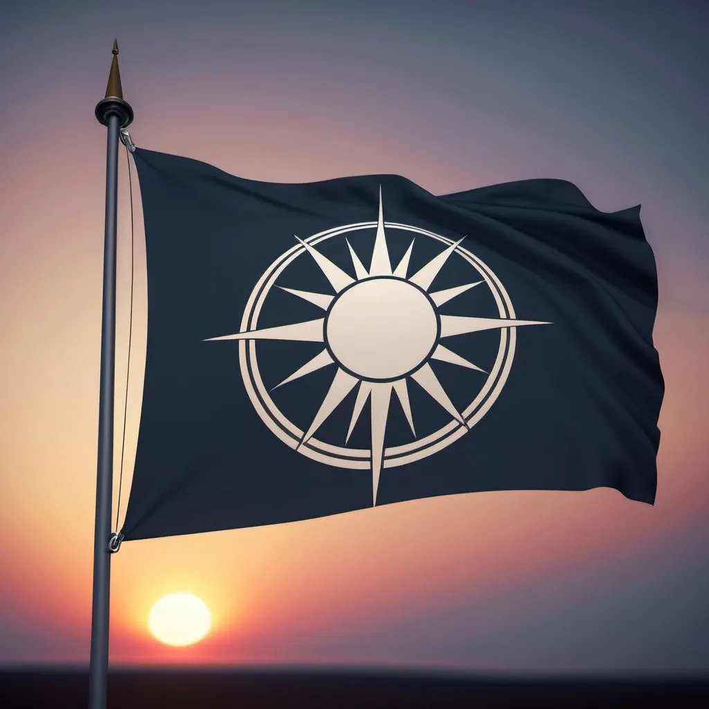 Prompt: A flag with for a highly technologically advanced, democratic nation called New Dawn	
