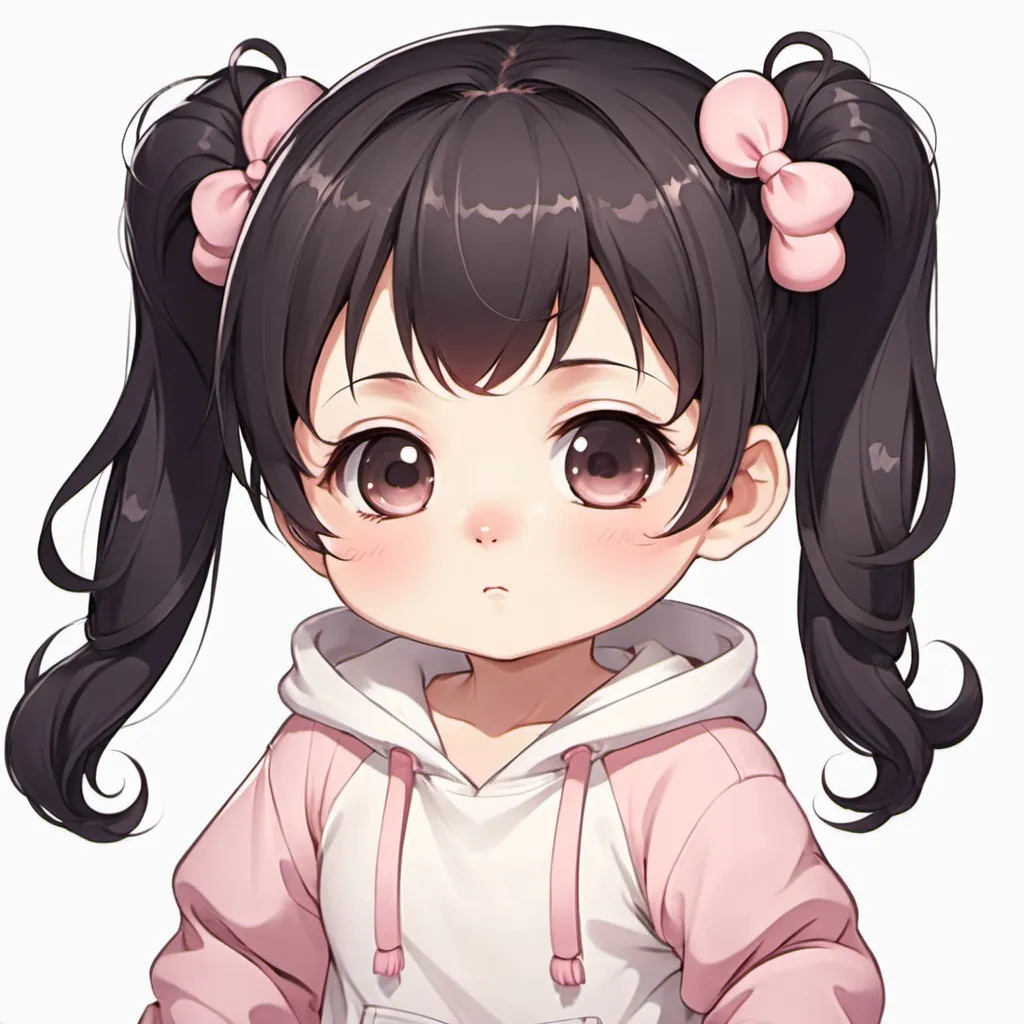 Prompt: Adorable anime baby cute round eyes  in a baby onesie girl baby has dark baby hair in two short pigtails light skin kawaii anime girl baby