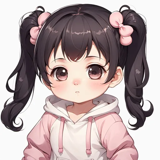 Prompt: Adorable anime baby cute round eyes  in a baby onesie girl baby has dark baby hair in two short pigtails light skin kawaii anime girl baby
