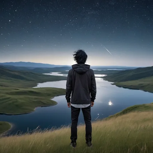 Prompt: man with black hair standing on a mountain, in a grassy field, with hair flowing in the wind, facing the  starry sky with a lake in the distance 
