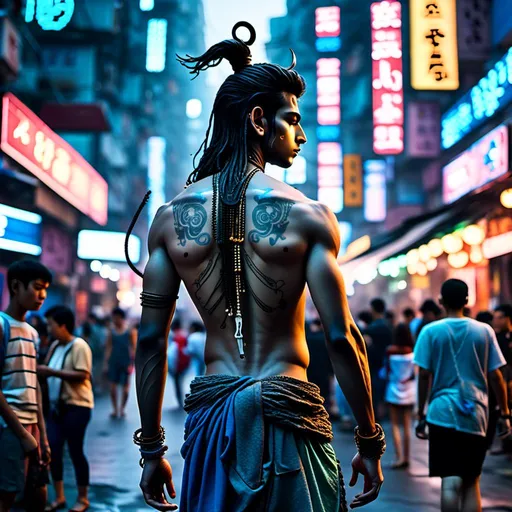 Prompt: <mymodel>Cyberpunk scene of an 18-year-old (mymodel) walking down a street in Mongkok, futuristic cityscape, front view, minimal clothing with cyber modifications, intense atmosphere, highres, ultra-detailed, cyberpunk, futuristic, high-tech clothing, urban setting, detailed background, intense lighting